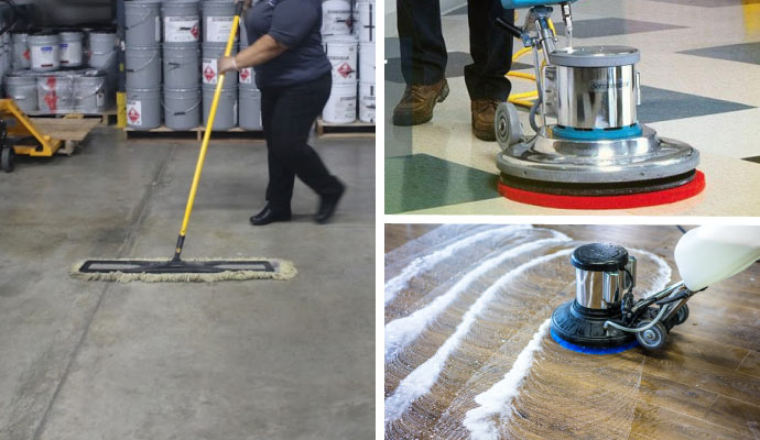 Collage-of concrete, tile and wood floor cleaning