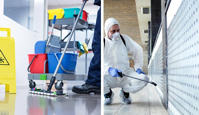 Collage of cleaning equipments and disinfecting service