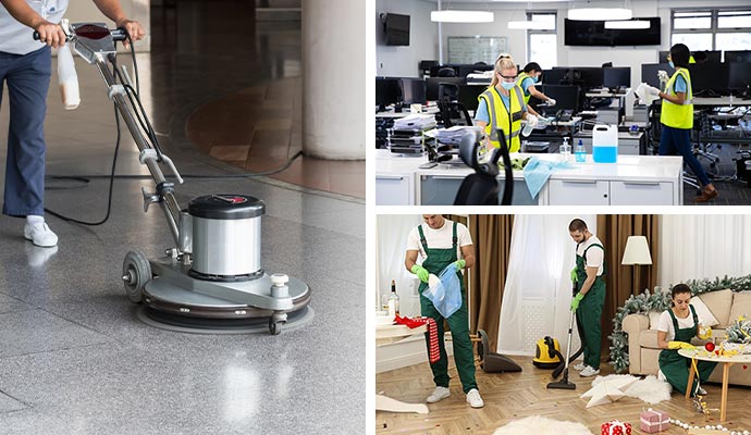 Collage of floor cleaning, office cleaning and event cleaning service