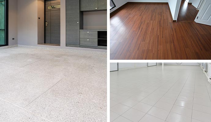 Collage of  clean concrete, wood and tile floor