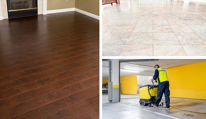 Collage of wood, stone, and garage floor cleaning