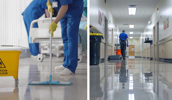 Collage of hospital room floor cleaning and a clean hospital corridor