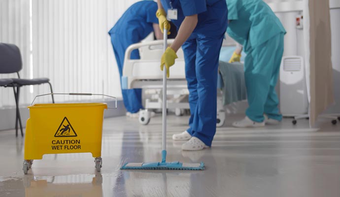 Person cleaning hospital floor using equipment