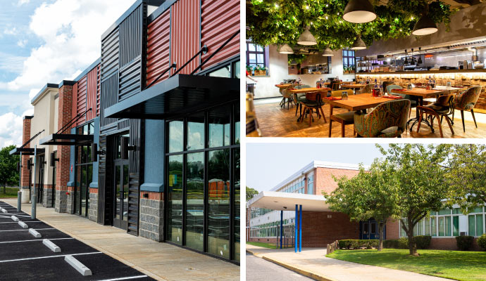 Collage of retail store, school and restaurant