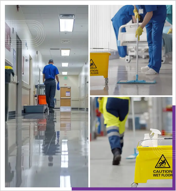 Collage of hospital room floor cleaning and clean corridor and warehouse floor