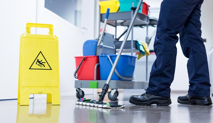 Floor cleaning cart equipped with various supplies and tools