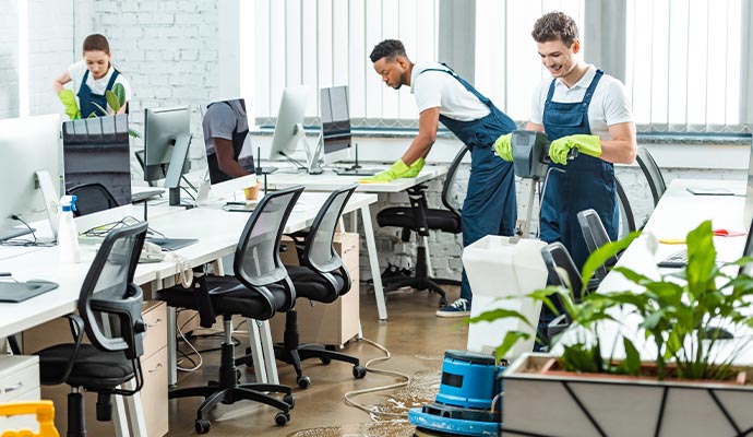 Professional team cleaning office